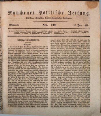 Münchener politische Zeitung (Süddeutsche Presse) Mittwoch 12. Juni 1833