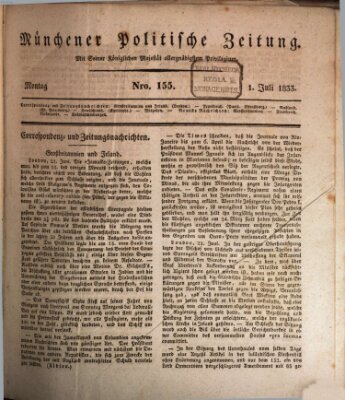 Münchener politische Zeitung (Süddeutsche Presse) Montag 1. Juli 1833