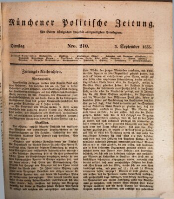 Münchener politische Zeitung (Süddeutsche Presse) Dienstag 3. September 1833