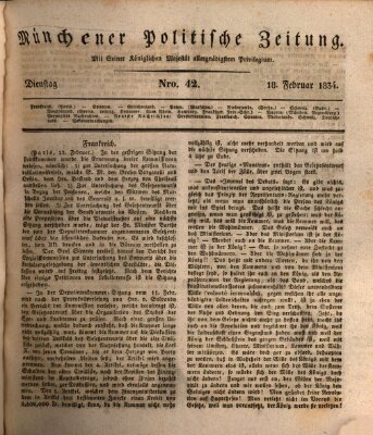 Münchener politische Zeitung (Süddeutsche Presse) Dienstag 18. Februar 1834