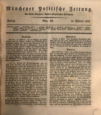 Münchener politische Zeitung (Süddeutsche Presse) Freitag 21. Februar 1834