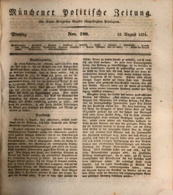 Münchener politische Zeitung (Süddeutsche Presse) Dienstag 12. August 1834