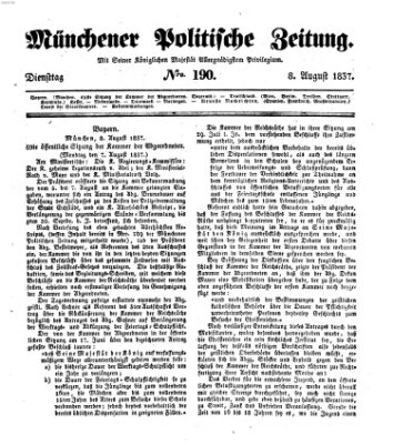 Münchener politische Zeitung (Süddeutsche Presse) Dienstag 8. August 1837
