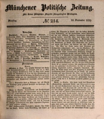 Münchener politische Zeitung (Süddeutsche Presse) Dienstag 10. September 1839