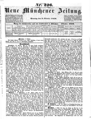 Neue Münchener Zeitung (Süddeutsche Presse) Sonntag 3. Oktober 1852