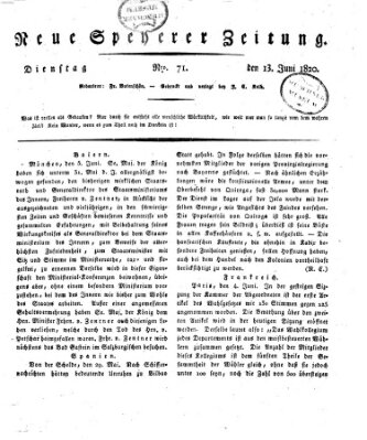 Neue Speyerer Zeitung Dienstag 13. Juni 1820