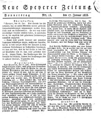 Neue Speyerer Zeitung Donnerstag 17. Januar 1833