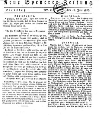 Neue Speyerer Zeitung Dienstag 18. Juni 1833
