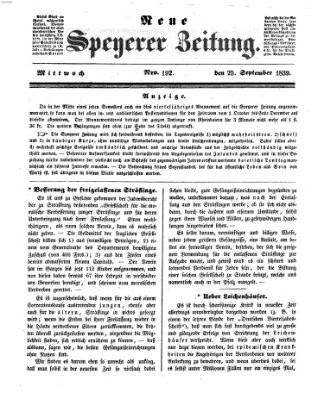 Neue Speyerer Zeitung Mittwoch 25. September 1839