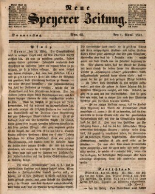 Neue Speyerer Zeitung Donnerstag 1. April 1841