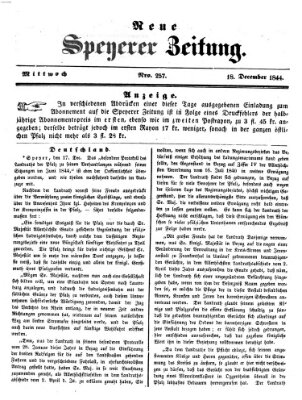 Neue Speyerer Zeitung Mittwoch 18. Dezember 1844