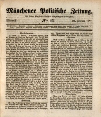 Münchener politische Zeitung (Süddeutsche Presse) Mittwoch 22. Februar 1837