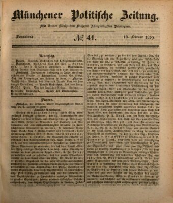 Münchener politische Zeitung (Süddeutsche Presse) Samstag 16. Februar 1839