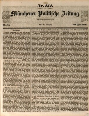 Münchener politische Zeitung (Süddeutsche Presse) Montag 28. Juni 1847
