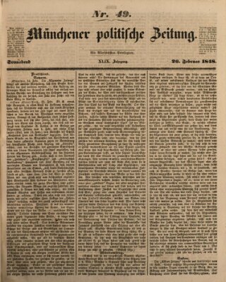 Münchener politische Zeitung (Süddeutsche Presse) Samstag 26. Februar 1848