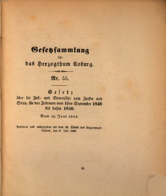 Gesetz-Sammlung für das Herzogtum Coburg (Coburger Regierungs-Blatt) Freitag 16. Juni 1848