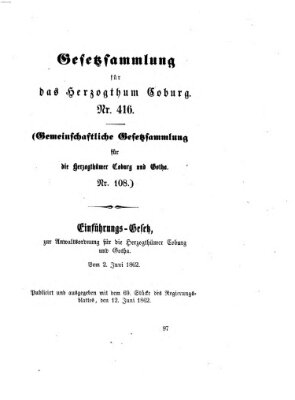 Gesetz-Sammlung für das Herzogtum Coburg (Coburger Regierungs-Blatt) Montag 2. Juni 1862