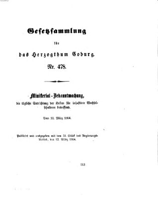 Gesetz-Sammlung für das Herzogtum Coburg (Coburger Regierungs-Blatt) Samstag 12. März 1864