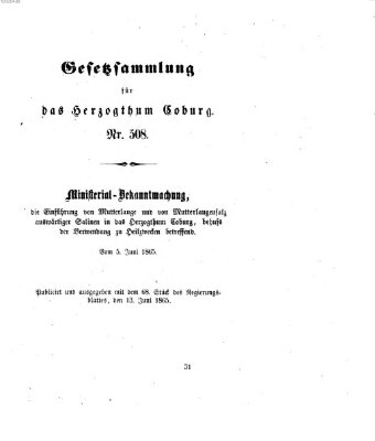 Gesetz-Sammlung für das Herzogtum Coburg (Coburger Regierungs-Blatt) Dienstag 13. Juni 1865