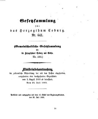 Gesetz-Sammlung für das Herzogtum Coburg (Coburger Regierungs-Blatt) Samstag 25. Juli 1868
