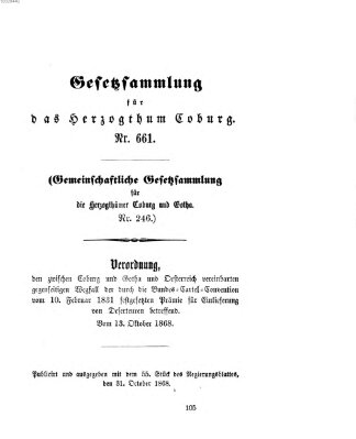 Gesetz-Sammlung für das Herzogtum Coburg (Coburger Regierungs-Blatt) Samstag 31. Oktober 1868