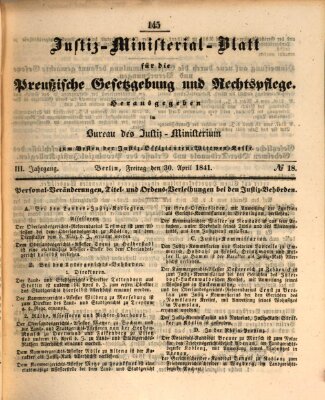 Justiz-Ministerialblatt für die preußische Gesetzgebung und Rechtspflege Freitag 30. April 1841