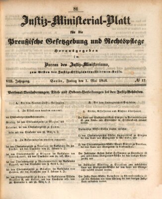 Justiz-Ministerialblatt für die preußische Gesetzgebung und Rechtspflege Freitag 1. Mai 1846