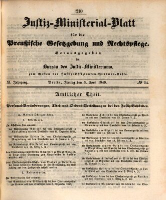 Justiz-Ministerialblatt für die preußische Gesetzgebung und Rechtspflege Freitag 6. April 1849
