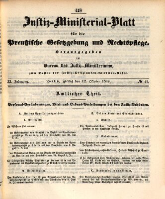 Justiz-Ministerialblatt für die preußische Gesetzgebung und Rechtspflege Freitag 12. Oktober 1849