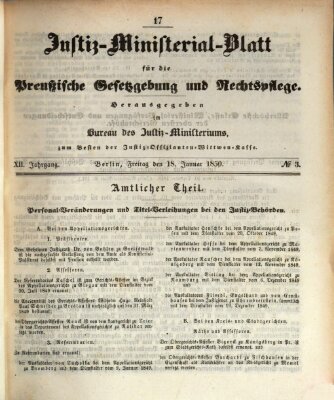Justiz-Ministerialblatt für die preußische Gesetzgebung und Rechtspflege Freitag 18. Januar 1850