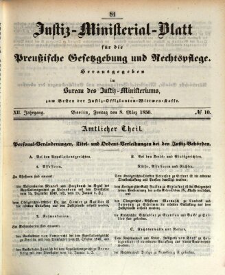 Justiz-Ministerialblatt für die preußische Gesetzgebung und Rechtspflege Freitag 8. März 1850