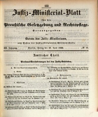 Justiz-Ministerialblatt für die preußische Gesetzgebung und Rechtspflege Freitag 26. April 1850