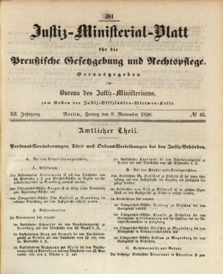 Justiz-Ministerialblatt für die preußische Gesetzgebung und Rechtspflege Freitag 8. November 1850