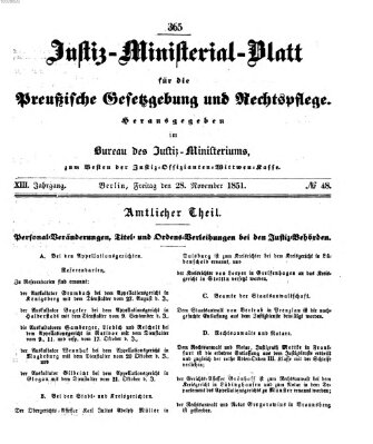 Justiz-Ministerialblatt für die preußische Gesetzgebung und Rechtspflege Freitag 28. November 1851