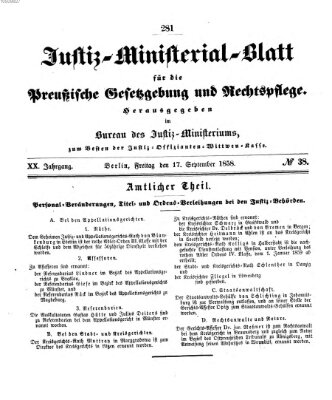 Justiz-Ministerialblatt für die preußische Gesetzgebung und Rechtspflege Freitag 17. September 1858