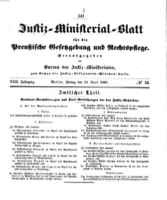 Justiz-Ministerialblatt für die preußische Gesetzgebung und Rechtspflege Freitag 20. April 1860