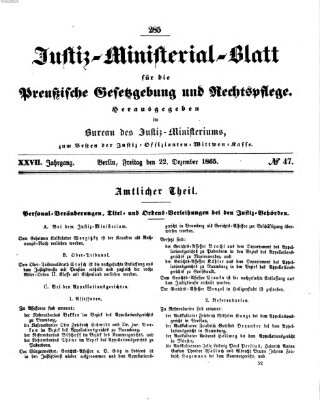 Justiz-Ministerialblatt für die preußische Gesetzgebung und Rechtspflege Freitag 22. Dezember 1865