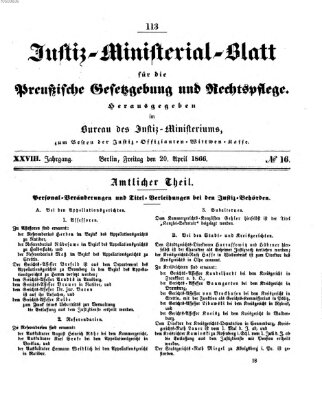 Justiz-Ministerialblatt für die preußische Gesetzgebung und Rechtspflege Freitag 20. April 1866