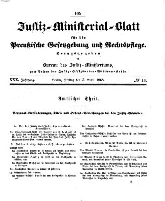 Justiz-Ministerialblatt für die preußische Gesetzgebung und Rechtspflege Freitag 3. April 1868