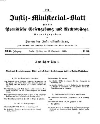 Justiz-Ministerialblatt für die preußische Gesetzgebung und Rechtspflege Freitag 17. September 1869