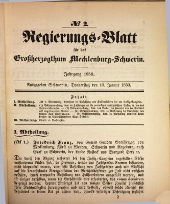 Regierungsblatt für Mecklenburg-Schwerin (Großherzoglich-Mecklenburg-Schwerinsches officielles Wochenblatt) Donnerstag 10. Januar 1850