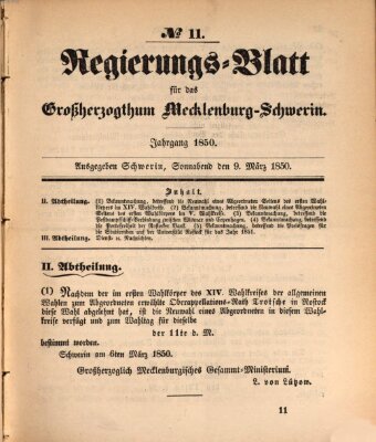 Regierungsblatt für Mecklenburg-Schwerin (Großherzoglich-Mecklenburg-Schwerinsches officielles Wochenblatt) Samstag 9. März 1850