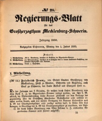 Regierungsblatt für Mecklenburg-Schwerin (Großherzoglich-Mecklenburg-Schwerinsches officielles Wochenblatt) Montag 1. Juli 1850