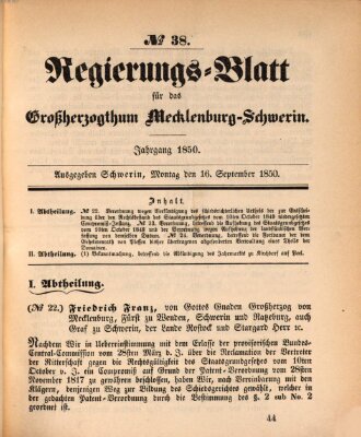 Regierungsblatt für Mecklenburg-Schwerin (Großherzoglich-Mecklenburg-Schwerinsches officielles Wochenblatt) Montag 16. September 1850
