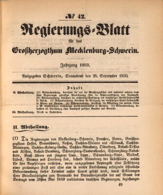 Regierungsblatt für Mecklenburg-Schwerin (Großherzoglich-Mecklenburg-Schwerinsches officielles Wochenblatt) Samstag 28. September 1850
