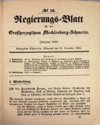 Regierungsblatt für Mecklenburg-Schwerin (Großherzoglich-Mecklenburg-Schwerinsches officielles Wochenblatt) Mittwoch 20. November 1850