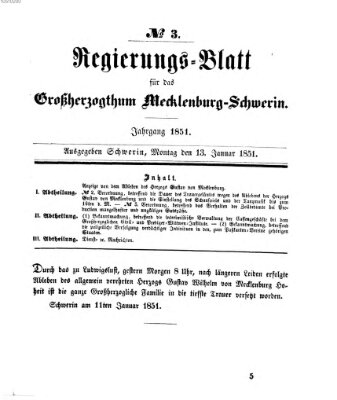 Regierungsblatt für Mecklenburg-Schwerin (Großherzoglich-Mecklenburg-Schwerinsches officielles Wochenblatt) Montag 13. Januar 1851