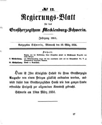 Regierungsblatt für Mecklenburg-Schwerin (Großherzoglich-Mecklenburg-Schwerinsches officielles Wochenblatt) Mittwoch 19. März 1851