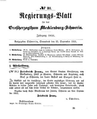Regierungsblatt für Mecklenburg-Schwerin (Großherzoglich-Mecklenburg-Schwerinsches officielles Wochenblatt) Samstag 13. September 1851