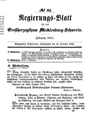 Regierungsblatt für Mecklenburg-Schwerin (Großherzoglich-Mecklenburg-Schwerinsches officielles Wochenblatt) Samstag 18. Oktober 1851
